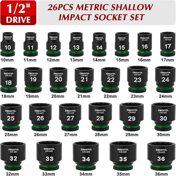 EMENTOL 1/2" Drive Impact Socket Set, Shallow Sockets, 26 Pieces, Metric (10-36mm), 12 Point, CR-MO, Stamped and Ink Filled