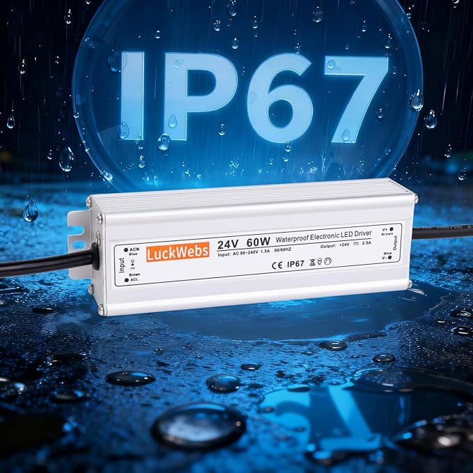 24V60W Waterproof LED Driver Power Supply AC90-130V to DC24V2.5A Low Voltage IP67 Transformer Outdoor LED Garden Light Power Supply Suitable for Indoor and Outdoor 24V Devices