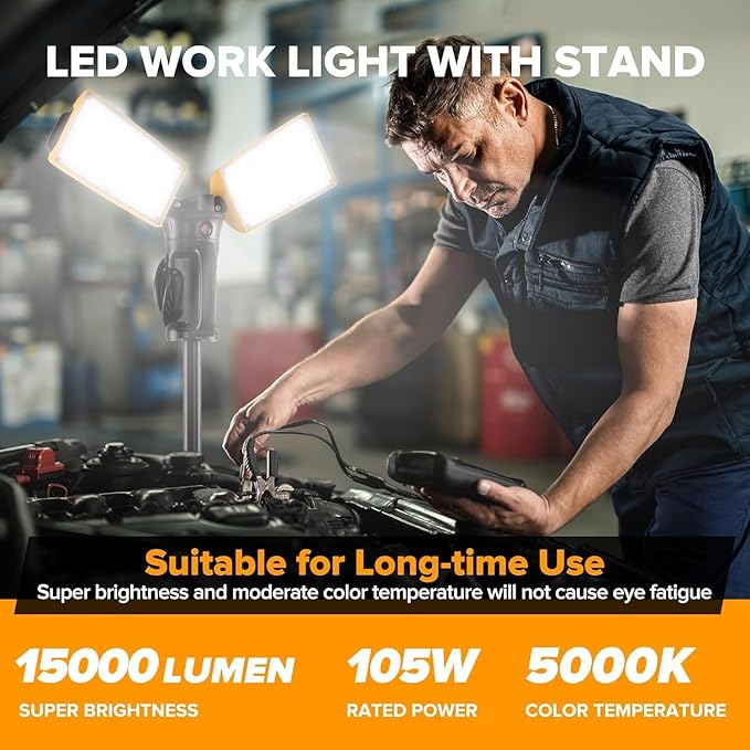 LUTEC ?륶pgraded??6290Pro 15000 Lumen 105 Watt Dual-Head LED Work Light with Telescoping Tripod, Work Light with Stand Rotating Waterproof Lamps and 8 Ft 3-Prong Power Cord