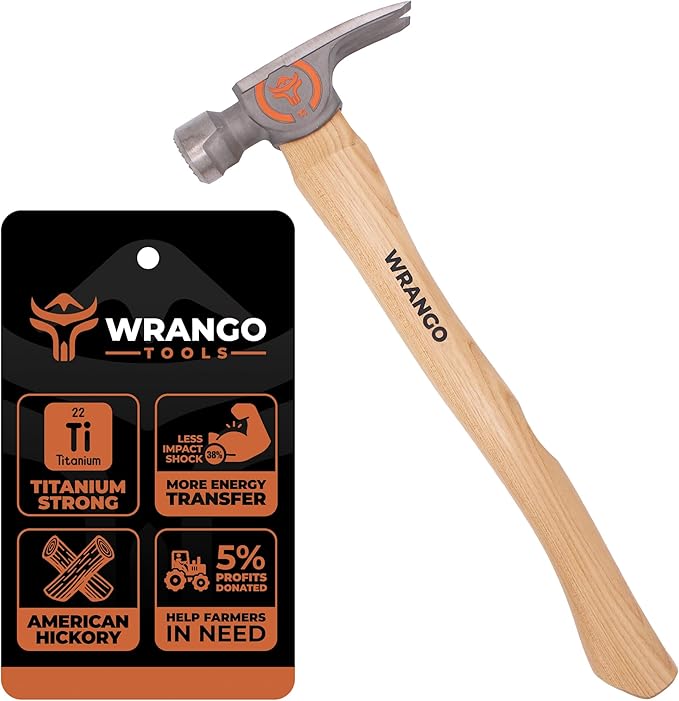 Wrango Tools Titanium Framing Hammer ??14oz Head, 17in Wood Handle, Milled Face, 38mm Diameter Pole