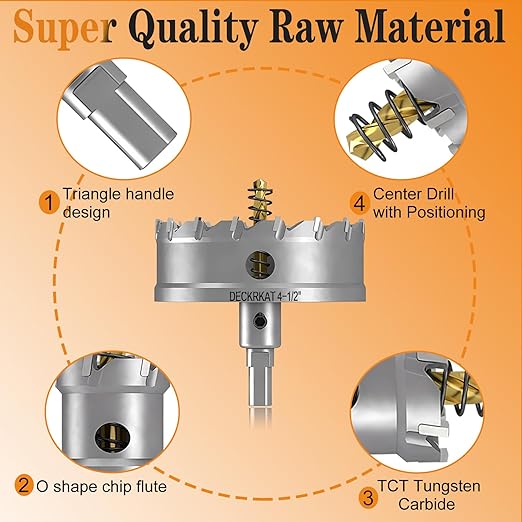 4-1/2" TCT Hole Saw for Hard Metal, Heavy Duty 115mm Tungsten Carbide Tipped Hole Cutter with Spring-Loaded Pilot Drill Bit for Stainless Steel, Metal, Iron, and Plastic.