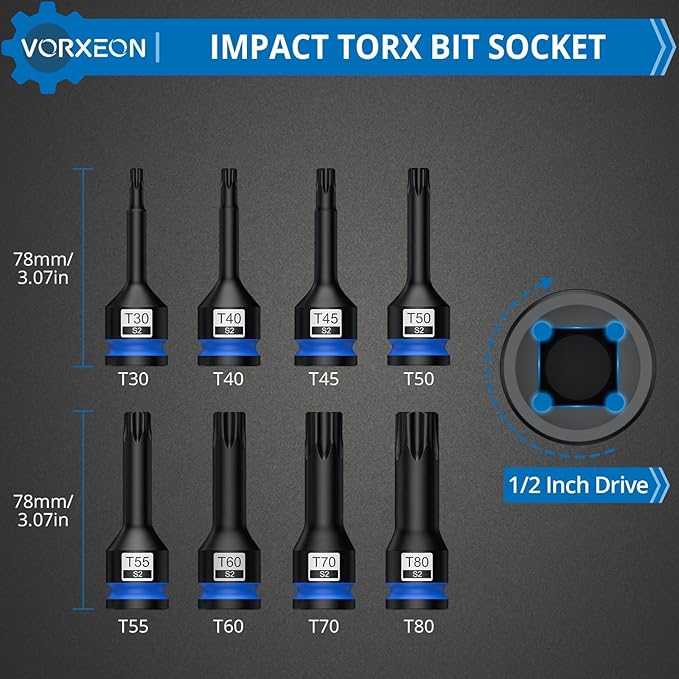 8 Pcs 1/2" Drive Torx Star Impact Bit Socket Set S2 Alloy Steel One-piece forged With Storage Case T30, T40, T45, T50, T55, T60, T70, T80