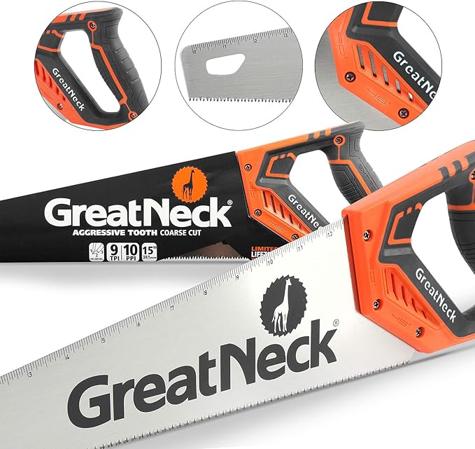15 Inch Handsaw, Aggressive Tooth Hand Saw for Wood Cutting, Alloy Steel 9 TPI Blade, Anti-Slip Composite Handle, Ruler on Blade for Accurate Cuts, GreatNeck 74001 Hand Saw