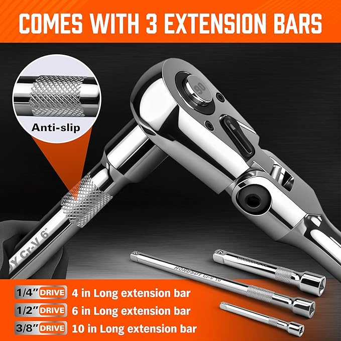 HORUSDY 10-Piece Flex-Head Ratchet Set, 1/4", 3/8" & 1/2" Drive Socket Wrenches, 90-Tooth Quick-Release Reversible Low-Profile, Extension Bars (4", 10", 6") & 4 Adapters for Bike & Home Repair