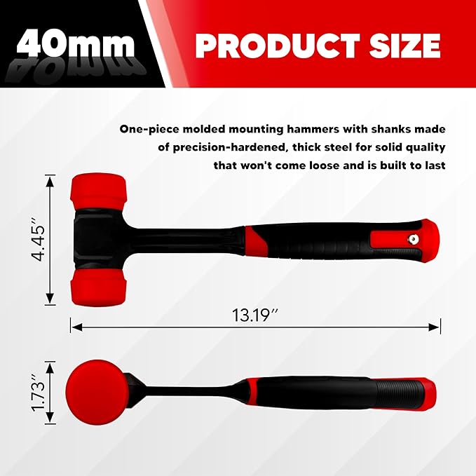 YIYITOOLS 40mm 2-Sided Soft Face Hammer,High Carbon Steel Forging,Double Face Installation Mallet with Non-Marring Solid PU Head,Shock-Absorbing Antislip Rubber Handle,for Sheet Metal,Flooring Install