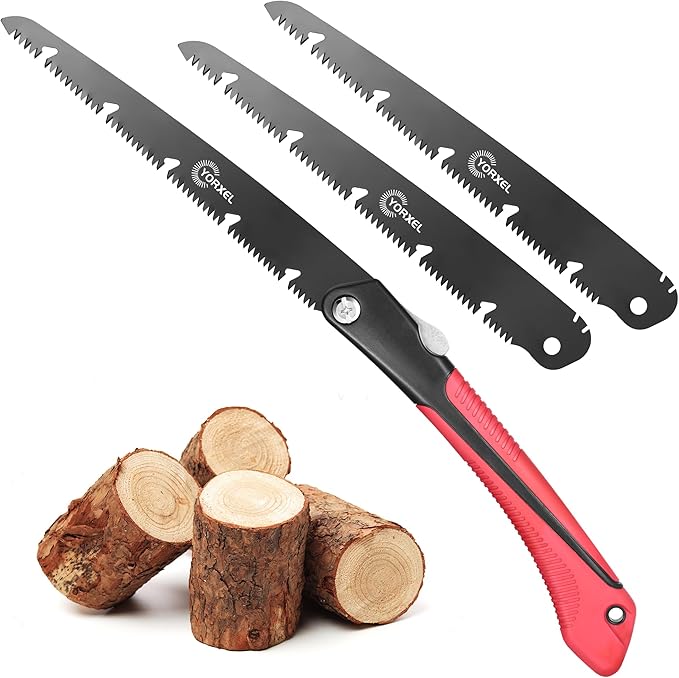 Folding Camping saw 10 inch ??SK9 High-Carbon Steel TEFLON-Coated Rust-Resistant, 2 Locking Positions, Hand Saw for Garden Tree Limbs, Wood Cutting & Outdoor Camping (2 Extra Blades)
