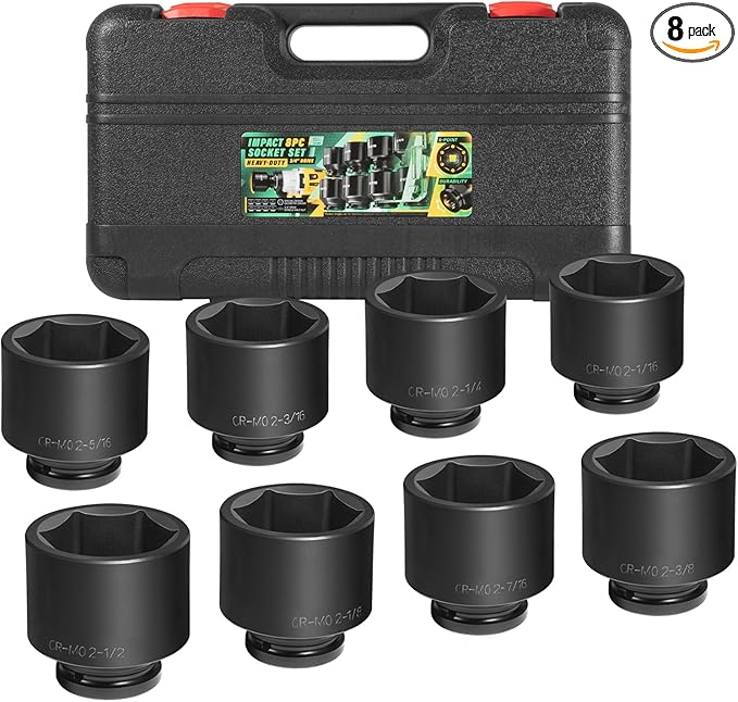 8PCS 3/4" Drive Spindle Axle Nut Impact Large Socket Set, 2-1/16" to 2-1/2", CR-MO Steel, 6-Point