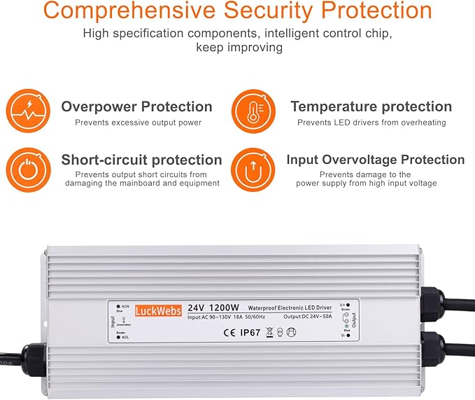 LED Driver 24V1200W Waterproof Power Supply AC 90-130V to DC 24V50A Low-Voltage Transformer IP67 Rated Converter Suitable for High-Power LED Lighting and Any 24V DC Equipment