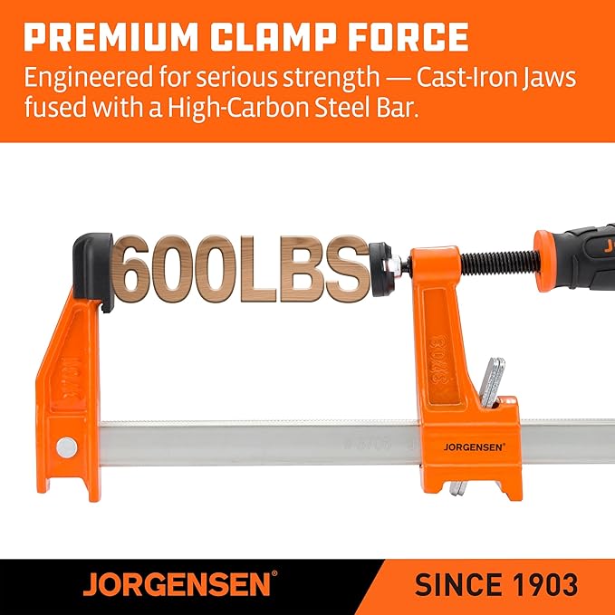 JORGENSEN 4-pack Steel Bar Clamps Set, 6 inch & 12 inch Medium Duty F-Clamp - 600 Lbs Load Limit for Woodworking