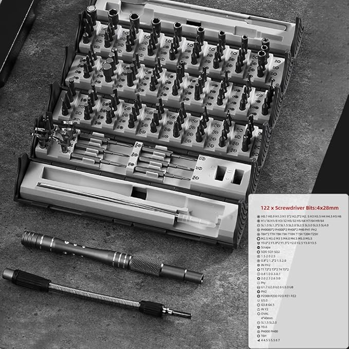 Precision Screwdriver Set Cylinder Organizing Case 128pcs in 1 Case S2 Alloy Steel HRC 56 Hardness Bits Space-saving Roll-up Case Professional Toolset Magnetizing Bit Heads for most sizes (9906)