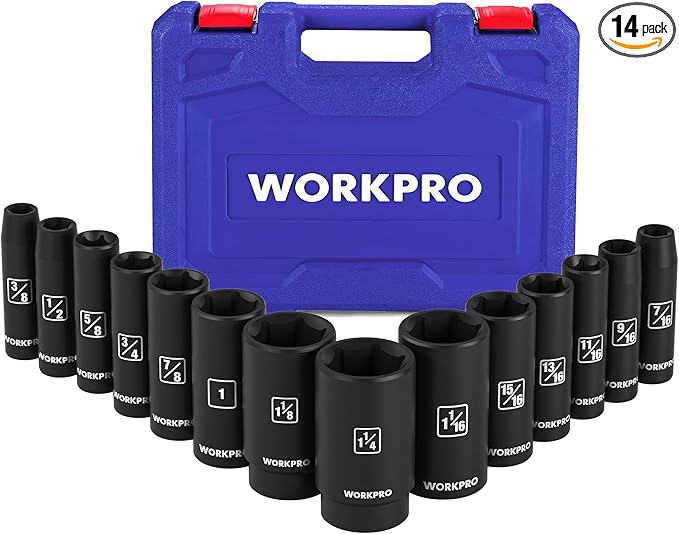 WORKPRO 14-Piece 1/2竊?Drive Deep Impact Socket Set, 6-Point Impact Deep Socket Set with Heavy Duty Storage Case for Automotive and Mechanical Repairs, 3/8"-1-1/4", Cr-V Steel, SAE