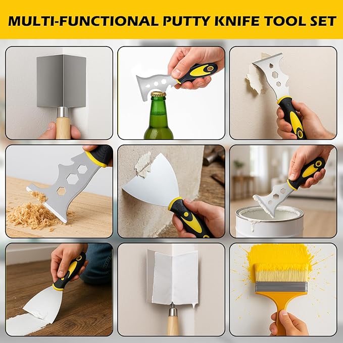 18 pcs Putty Knife Set,Drywall Knife,Espatulas Drywall Kit With Mud Pan,1??2??3??4??5??6??Spackle Knife,7??10??14??Taping Knives,External Corner Trowel & Internal Corner Trowel,5 Brushes And Gloves