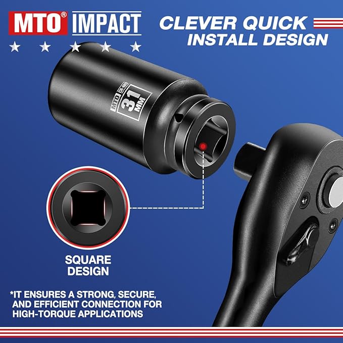 MTO 1/2" Drive 31mm Deep Impact Socket, 6 Pt. Metric Socket, CR-MO Steel & Anti-Corrosion Coating for Heavy-Duty Use