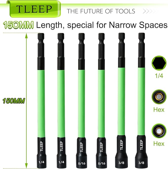 150MM 1/4" 5/16" 3/8" Magnetic Power Nut Driver Set for Impact Drill, 1/4" Hex Head Drill Bit Set SAE Screwdriver Socket Set, Chrome Vanadium Steel Quick Change Chuck Socket Wrench Nut Setters