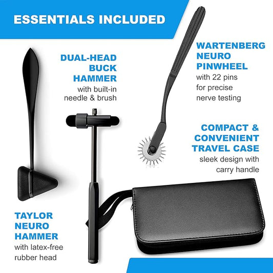 Primacare DH-3694 Reflex Hammer Set – 3-Piece Neurological Diagnostic Kit with Neuro Buck Hammer, Taylor Reflex Hammer, Wartenberg Wheel & Carrying Case Included