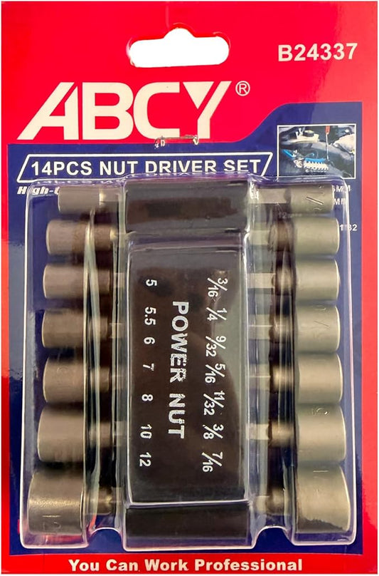 14-Piece Power Nut Driver Set, 1/4 Inch Hex Shank Metric & SAE Socket Wrench Drill Bits for Impact Driver, Power Drill and Screwdriver