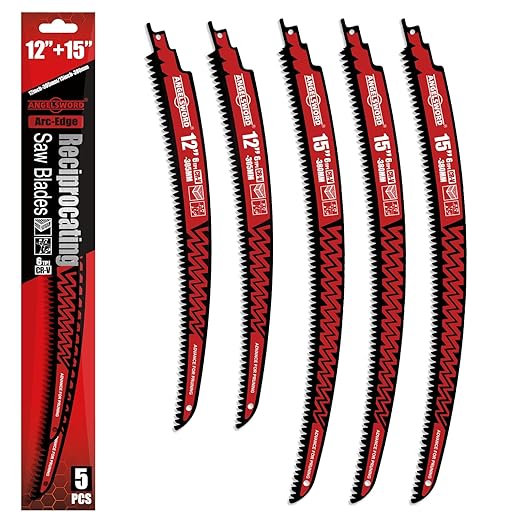 ANGELSWORD 12 Inch(2 Pack)& 15 inch(3 Pack) Arc Edge Reciprocating Saw Blade, 6TPI Wood Pruning Saw Blades for Tree Trimming, Wood Cutting