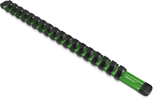 Olsa Tools Socket Organizer - 3/8-Inch Drive Green Holder - Stores 18 Chrome or Impact Sockets - Durable Rail Storage for Mechanics - Professional Grade Metric or SAE Socket Organizer - Part 1014