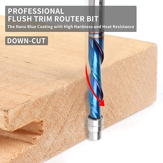 EANOSIC 5PCS Downcut Spiral Flush Trim Router Bit, 1/4 Inch Shank Solid Carbide Flush Trim Router Bits Spiral with Nano Coating(1/4" Shank Down-Cut)