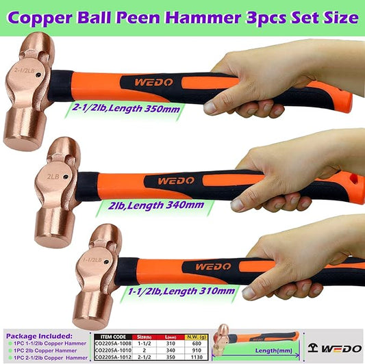 WEDO 3PCS Copper Ball Peen Hammer Set,24 oz + 32 oz + 40 oz(1-1/2lb&2LB&2-1/2lb), Ball Pein Hammer with Fiberglass Handle, Die-Forged, Corrosion Resistant, DIN Standard