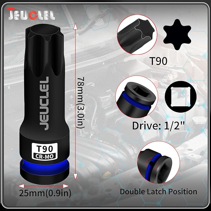 T90 Torx Bit Socket, 1/2" Drive Torx Star 6 Point Impact Bit Socket, 3-Inch, Cr-Mo Steel, Screwdriver Adapter for Electric Ratchet Wrenches Fastening Screws Hand Repair