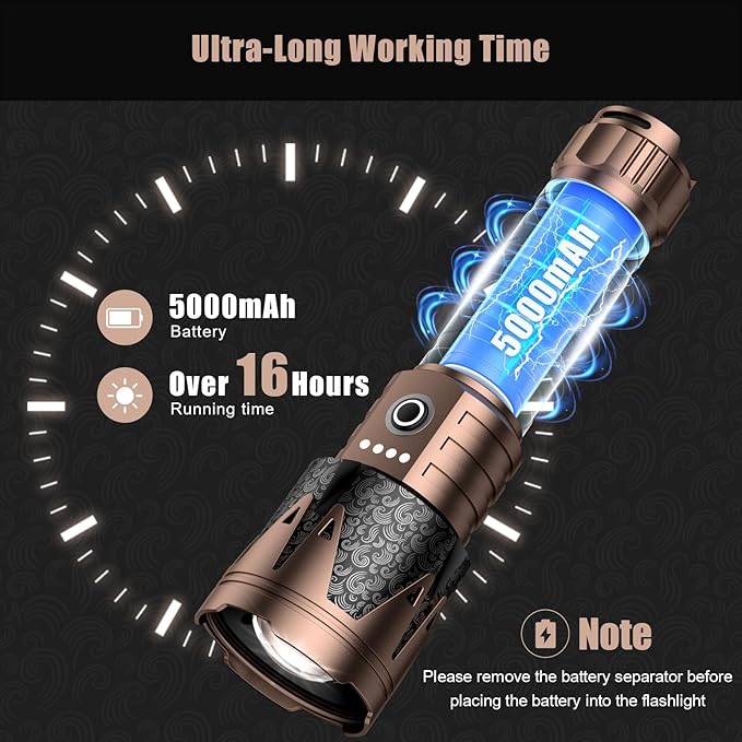 SKYFIRE Rechargeable Flashlights High Lumens with Ignition Lens,5000 Super Bright Tactical Flashlight,Zoomable,6Modes,Waterproof Flash Light for Camping Essentials,Outdoor,Home Emergency-Upgraded