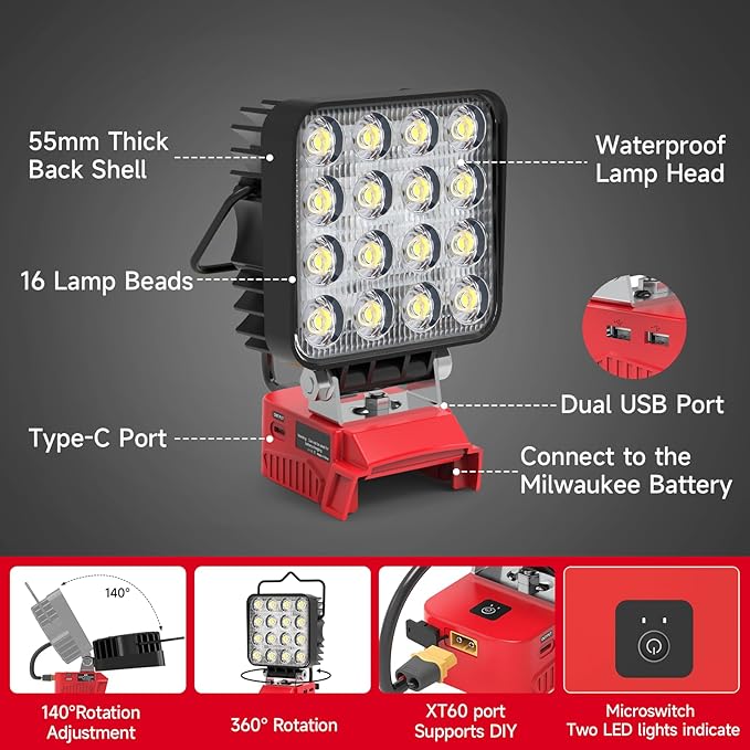 New Upgrade Azocek LED Work Light Compatible with Mil-wau-kee 18V Battery, 48W 4800LM Flashlight, 18V Battery Cordless Work Light with Low Voltage Protection & Dual USB & Type-C Charging Port (48W)