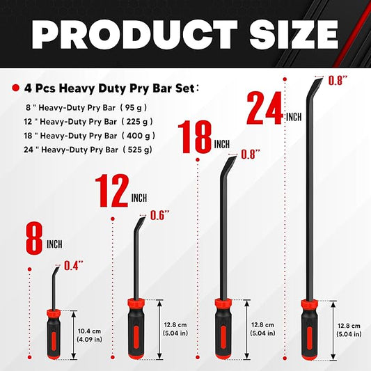 C&T 4-Piece Heavy Duty Pry Bar Set (8",12",18",24"), Premium Mechanic Hand Tools with Thicker Strike Cap & Ergonomic Comfort Grip for Automotive, Demolition & Construction, Black/Red