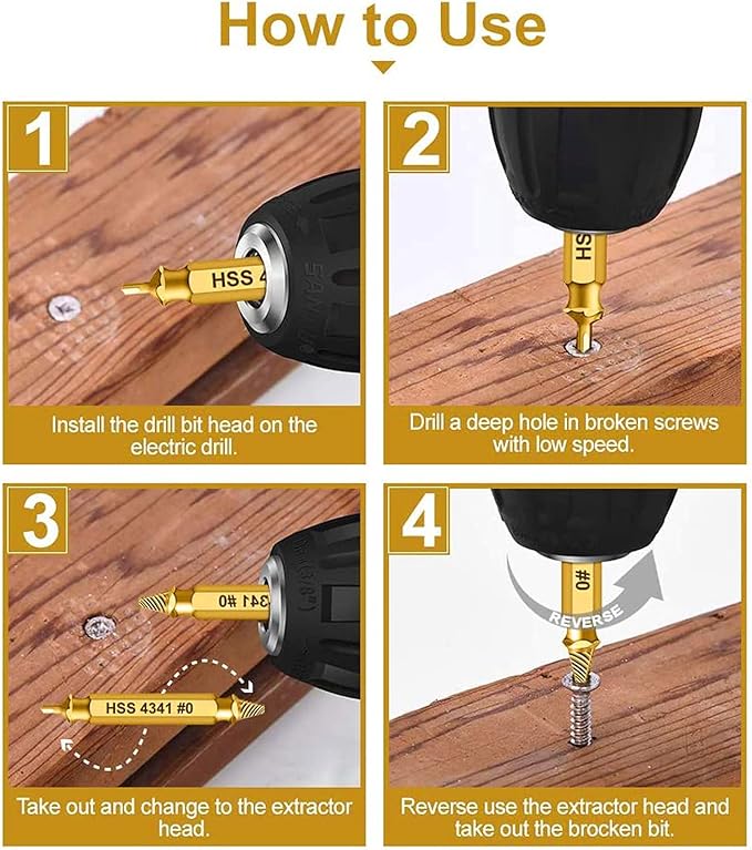 HSS 4341 Damaged Screw Extractor Set, 5-Piece Drill Bit Kit for Stripped Screws and Bolts, Gold, 2-14mm Range, High-Speed Steel with Storage Case