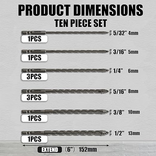 CATITO 10 PCS Masonry Drill Bit Set 6''(152mm) Length, Multi-Tooth Masonry Drill Bit, Carbide Tipped, Hexagonal Shank Drill bit, Glass, Brick, Ceramics, Plastic and Wood