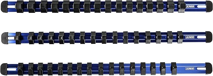 ARES 60125-3-Piece Blue 17-Inch Aluminum Socket Rail Set with Locking End Caps - Includes 1/4-Inch, 3/8-Inch, and 1/2-Inch Drive Rails - Each Aluminum Rail Stores up to 16 Sockets