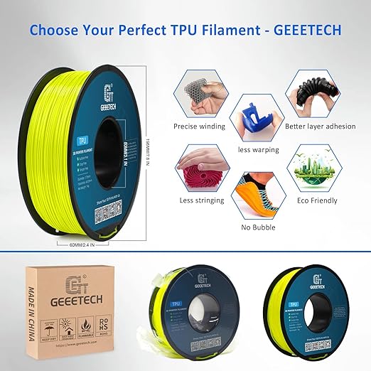 Geeetech TPU Filament 1.75mm, Shore 95A Flexible 3D Printer Filament with High Elasticity, 1KG (2.2lbs) Spool, Dimensional Accuracy 짹0.03mm, Fits Most FDM Printers (Yellow)