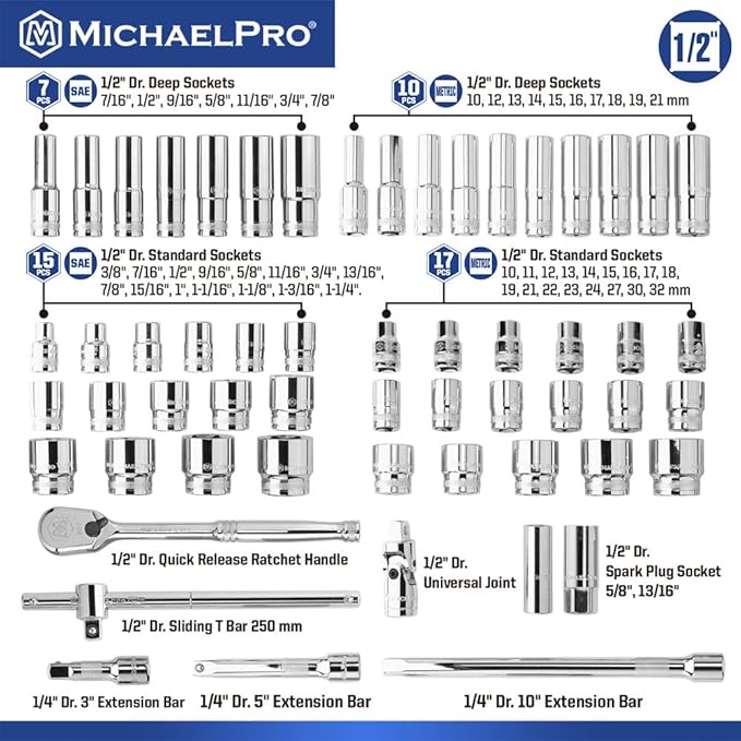 MichaelPro 57-Piece 1/2'' Drive Socket Set, 90-Tooth Standard & Deep Sockets, SAE 3/8''- 1-1/4'' & Metric 10-32mm, with Extension Bars, Sliding T-Bar, Universal Joint ??CR-V Steel | MP005061