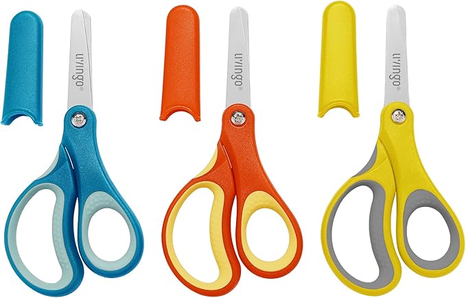 LIVINGO 3 Pack 5??Kids Scissors, Left/Right Handed Blunt Stainless Safety Toddler Preschool Child Scissors with Cover, School Classroom Craft Supplies for Teachers, Yellow/Blue/Gray