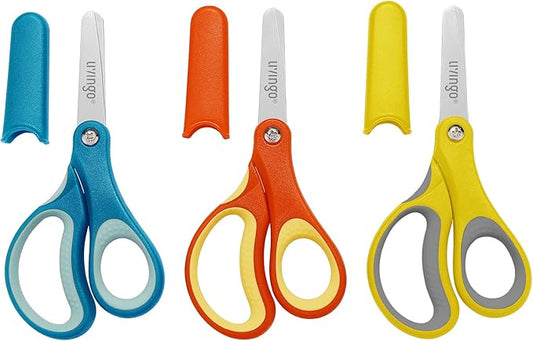 LIVINGO 3 Pack 5??Kids Scissors, Left/Right Handed Blunt Stainless Safety Toddler Preschool Child Scissors with Cover, School Classroom Craft Supplies for Teachers, Yellow/Blue/Gray