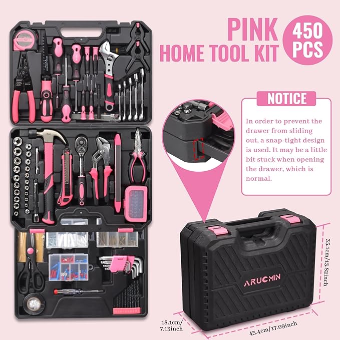 ARUCMIN 450-Piece Pink Tool Set, Home Tool Kit with Toolbox Storage Case Home Repair Tool Kit with Drawer for Women