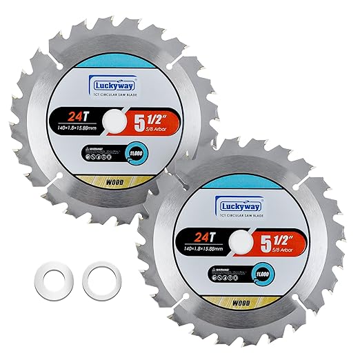 Luckyway 5-1/2 Inch 24T with 5/8 Inch Arbor TCT Circular Saw Blade 2-Pack General Purpose and Trimming Saw Blade, Cordless Trim Saw Blade for Cutting Wood(1/2-Inch and 10-mm Reducer Bushings Include)