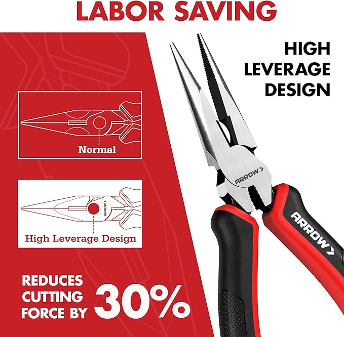 ARROW Needle Nose Pliers, 6-inch Long Nose Cutting Pliers with Wire Cutter, Comfortable TPR Handle, High Carbon Steel, High Leverage Diagonal Design