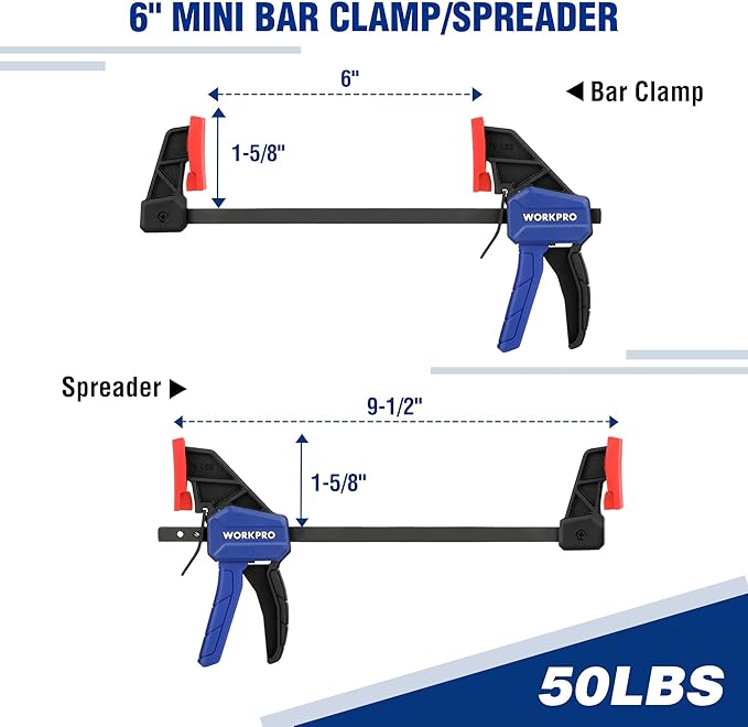 WORKPRO 10-Pack Bar Clamps for Woodworking, 6-Inch (2) Mini & (2) Light Duty and 12-Inch (2) Wood Clamps & 1-Inch (4) Spring Clamps, F Clamp with 50/150 LBS Load Limited