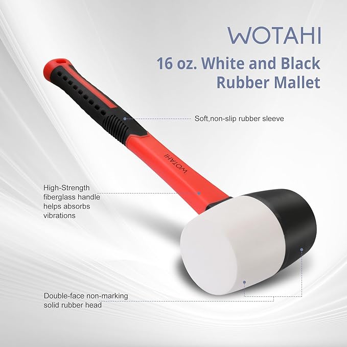 2-Piece Rubber Mallet Hammer Set-16 oz. White and Black Rubber Mallet and 35 mm Dual Nylon Head Installation Hammer, Soft Grip Fiberglass Handle, Double-faced Non-marring and Solid Head