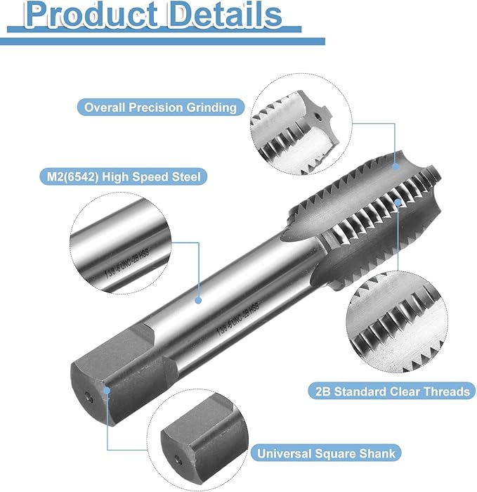 uxcell Hand Bottom Tap 1-3/8-6 UNC 2B Thread Bottoming Style Threading Taps High Speed Steel HSS6542 Straight Flutes Screw Tapping Tool