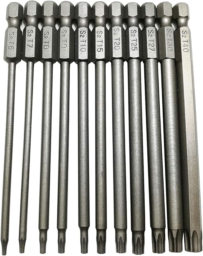Long Torx Security Head Screwdriver Drill Set 1/4 Inch Hex Shank T6 T7 T8 T9 T10 T15 T20 T25 T27 T30 T40 11 Pieces 4 Inch Length S2 Steel Torx Screwdriver Bit Set (11pcs Torx Head 100mm)