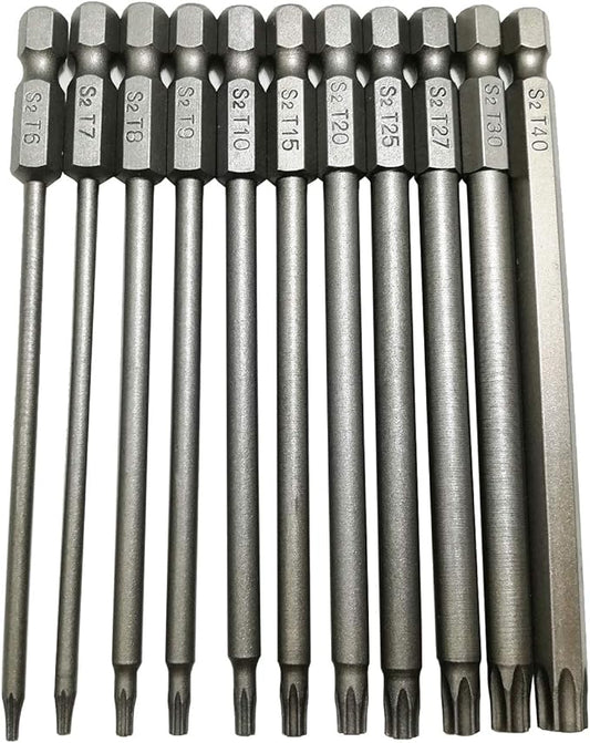 Long Torx Security Head Screwdriver Drill Set 1/4 Inch Hex Shank T6 T7 T8 T9 T10 T15 T20 T25 T27 T30 T40 11 Pieces 4 Inch Length S2 Steel Torx Screwdriver Bit Set (11pcs Torx Head 100mm)