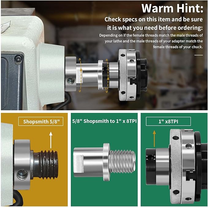 Lathe Headstock Spindle Adapter,Converts 5/8" Shopsmith to 1" x 8TPI for Woodworking Lathe