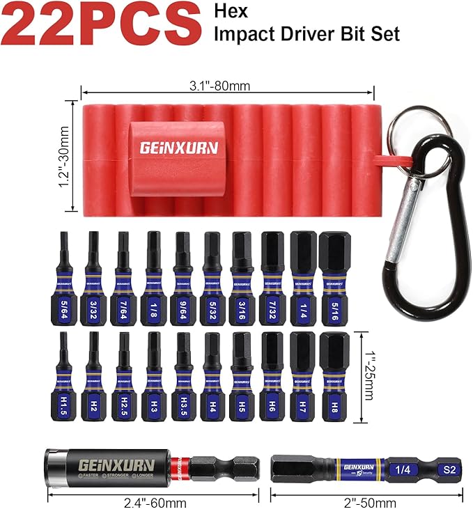 Impact Hex Screwdriver Bits Set,22 Pieces Magnetic SAE S2 Steel Multi Driver Bit Tips with Bit Holder and Storage Organizer
