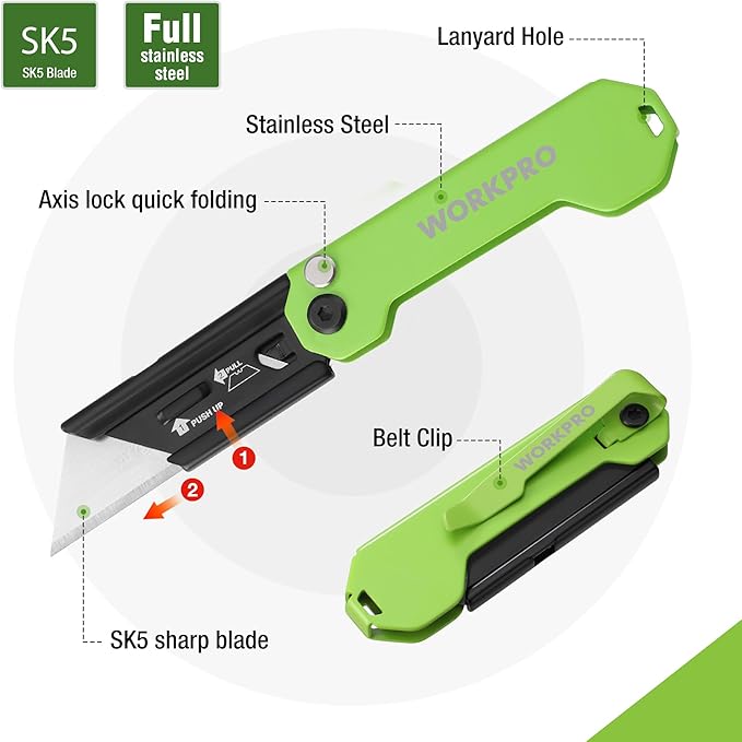 WORKPRO 2PCS EDC Folding Utility Knife, Mini Box Cutter with Quick Open Axis Lock, Quick Change Blade Razor Knife, Foldable Small Pocket Knife with Belt Clip, 2 Packs with 10 Extra Blades