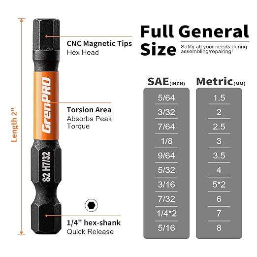 Allen Wrench Drill Bit Set 22pc Hex Bit Set, Impact Driver Bit Set, Screwdriver Bit Set, Allen Wrenches Sets, Allen Socket Set, 2" Long Metric&SAE 1/4" Hex Shank Magnetic Allen Key Drill Bits