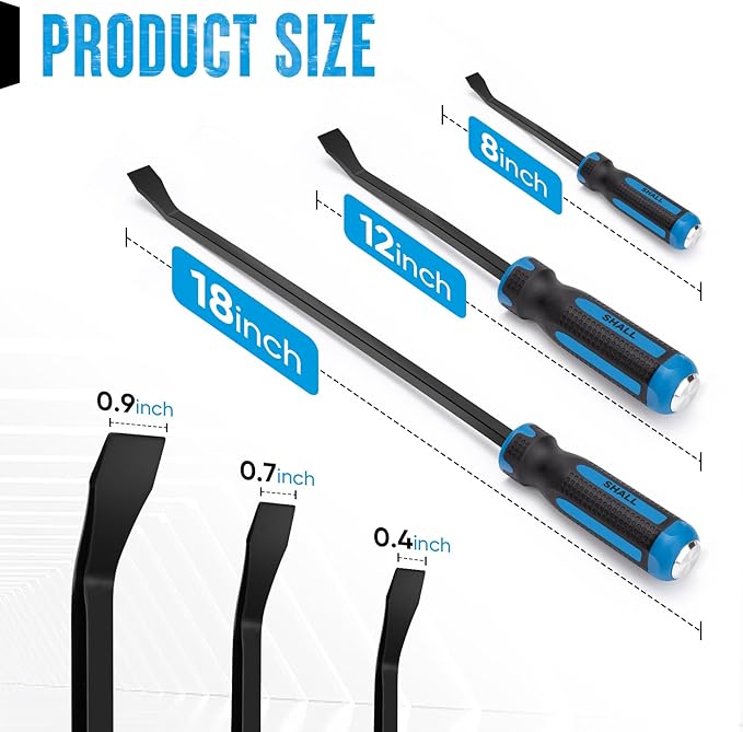 SHALL 3-Piece Pry Bar Set, 8", 12" and 18" Heavy Duty Pry Bar with Thicker Strike Cap, Mechanic Hand Tools with Angled Tip for Automotive, Demolition, Nail Puller, Crowbar