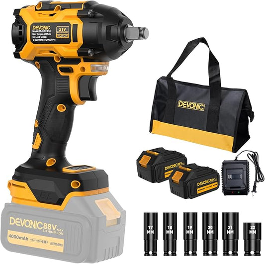 Devonic Cordless Impact Wrench,330ft-Lbs(450N.m) 21V Brushless Power Impact Wrenches,2800RPM High Torque Impact Gun with 2x 4000mAh Batteries, Charger, Electric Impact Wrench For Car Home (450N)