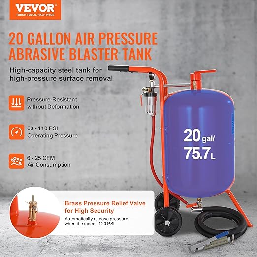 VEVOR 20 Gallon Sand Blaster, 60-110 PSI High Pressure Sandblaster, Portable Abrasive Blasting Tank, Air Sand Blasting Kit with 4 Ceramic Nozzles and Oil-Water Separator for Paint, Stain, Rust Removal